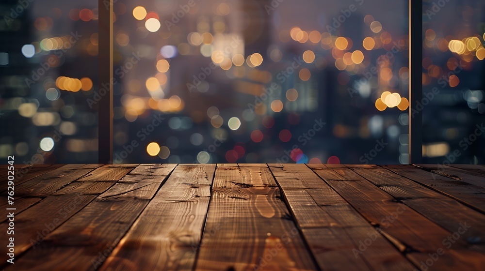 Poster selective focustop of wood table with window glass and cityscape backgroundfor montage product displ