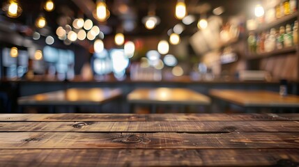 Wooden empty table in front blurred cafe background Bar counter key visual Wood table top for presentation product Restaurant table mockup Cafe desk effect Office space : Generative AI - obrazy, fototapety, plakaty
