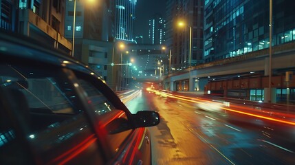 Fototapeta premium Motion time of a speedy night drive in a big city ending in the underground car parking Side view from the car window to the road with light trails from vehicles and street lights : Generative AI
