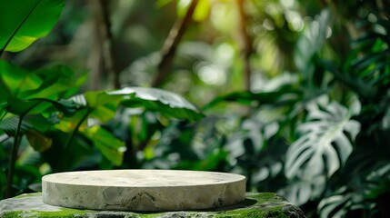 Stone podium table top outdoors blur green monstera tropical forest plant nature backgroundBeauty cosmetic healthy natural product placement pedestal displayspring or summer jungle par : Generative AI - obrazy, fototapety, plakaty
