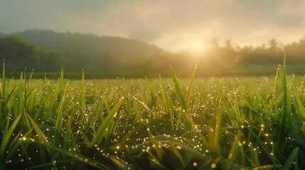 Picturesque view of green field with wet grass during sunrise dew on rainy day : Generative AI - obrazy, fototapety, plakaty