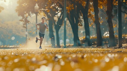 Sports man action and running in park with speed cardio workout or power of motion blur Runner athlete or training for marathon race with energy dynamic exercise or fast performance pa : Generative AI