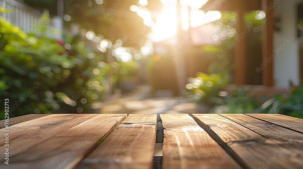 Poster empty wooden table space with green home backyard view blur background for advertising template : ge