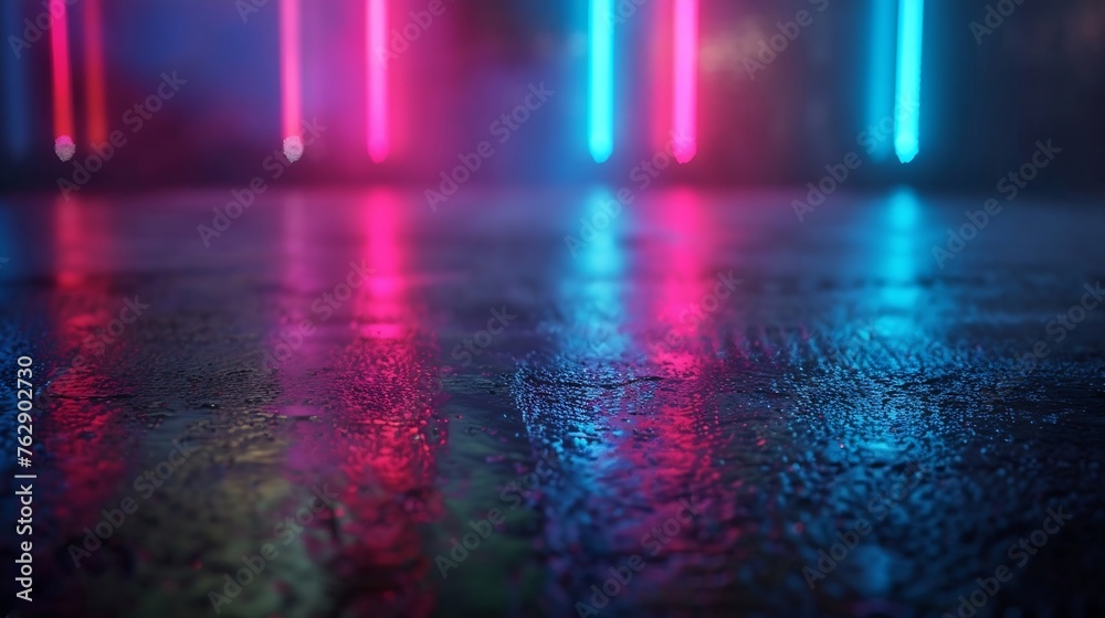 Poster light effect blurred background wet asphalt night view of the city neon reflections on the concrete 