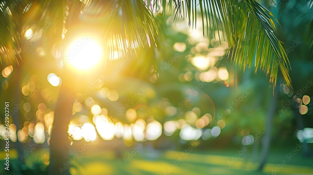 Aufkleber blur nature bokeh green park by beach and tropical coconut trees in sunset time : generative ai