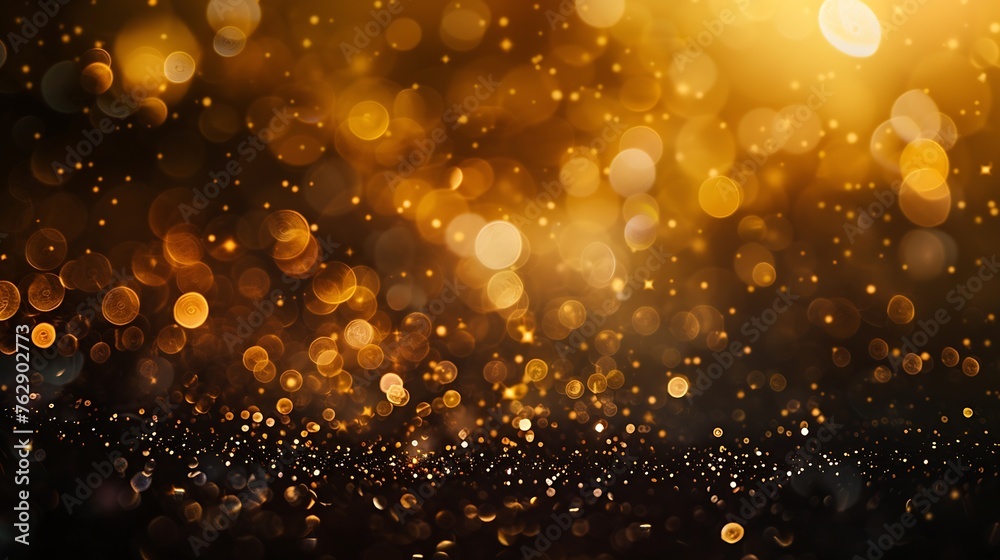 Poster golden blurred bokeh lights on black background glitter sparkle stars for celebrate overlay for your