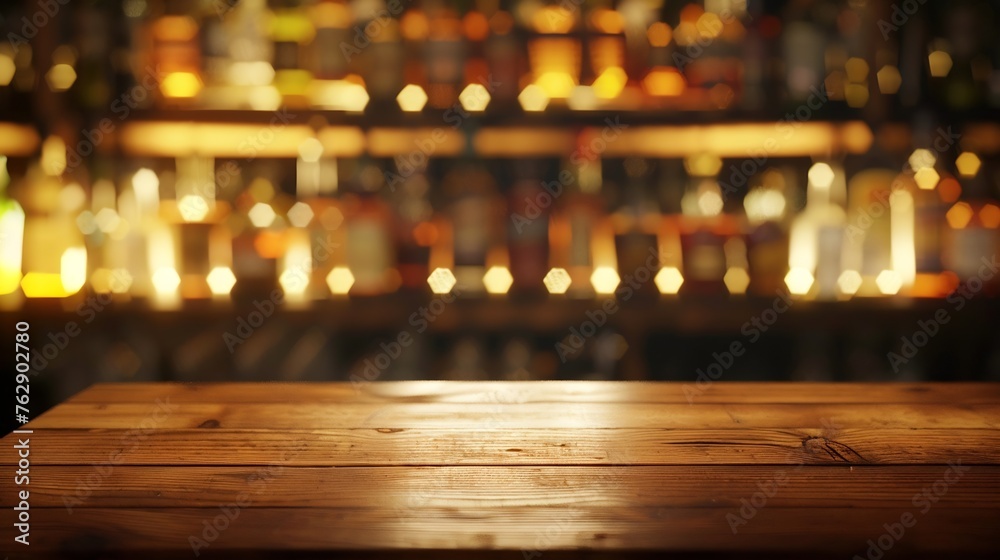Poster Wooden board on a background of bottles with alcohol Old bar counter as layout for design Workpiece for design Empty place to advertise products Blurred interior of the bar in the back : Generative AI