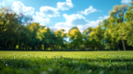 Beautiful blurred background image of spring nature with a neatly trimmed lawn surrounded by trees against a blue sky with clouds on a bright sunny day : Generative AI