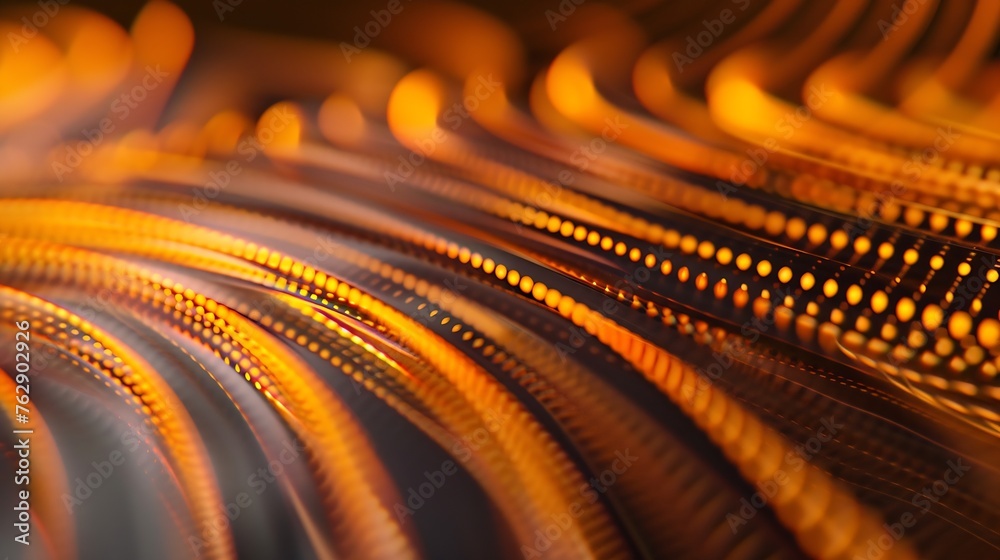 Poster Fluorescent background Blur curved texture Futuristic light Defocused neon orange Peach Fuzz brown color stripes in circles glow on dark ridged abstract overlay trend color of 2024 : Generative AI
