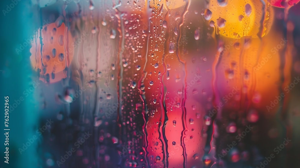 Aufkleber closeup through window of rainy day with water dripping down glass against blurred colorful backgrou