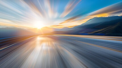 Empty long mountain road to the horizon on a sunny summer day at bright sunset with motion blur Backplate or Backdrop background : Generative AI - Powered by Adobe