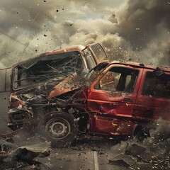 Obraz premium Car accident on a road in , car after a collision with a heavy truck