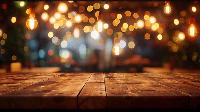 image of wooden table in front of abstract blurred background of restaurant lights : Generative AI