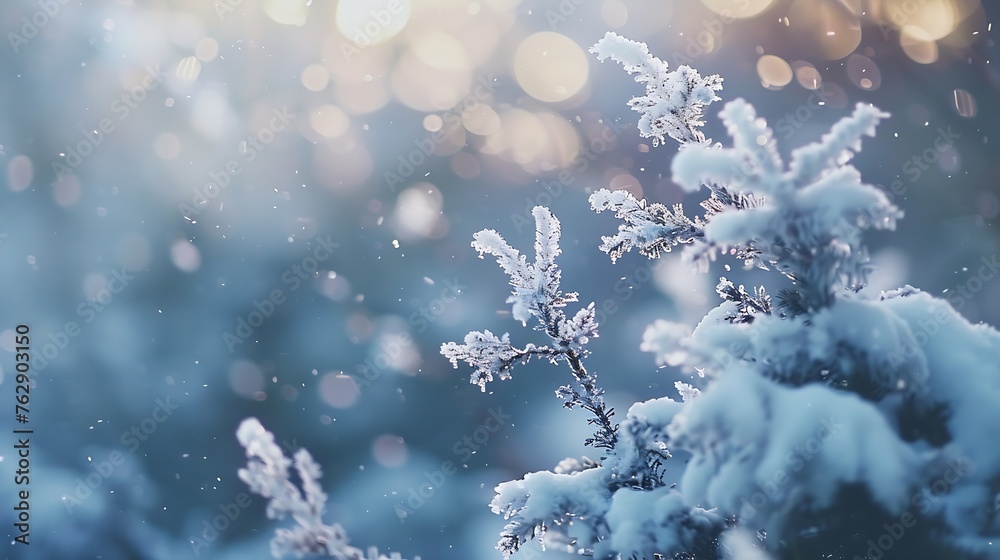 Poster snowcovered plants in winter forest during snowfall macro image shallow depth of field winter nature
