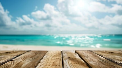 Fototapeta premium Empty wooden table on blurred tropical sea and sky background : Generative AI
