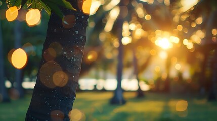 Blur nature bokeh green park by beach and tropical coconut trees in sunset time : Generative AI