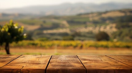 The empty wooden brown table top with blur background of Napa hill landscape Exuberant image :...