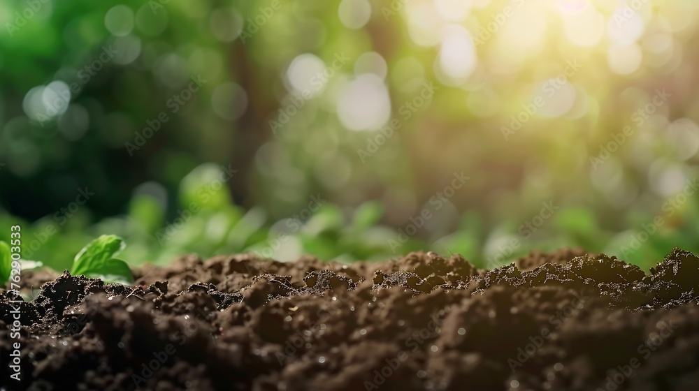 Poster fertile soil and blurred green nature background concept of nature environment and natural environme
