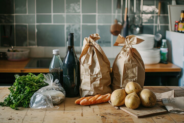 Groceries on a kitchen counter, including fresh vegetables, bread, and bottles - obrazy, fototapety, plakaty
