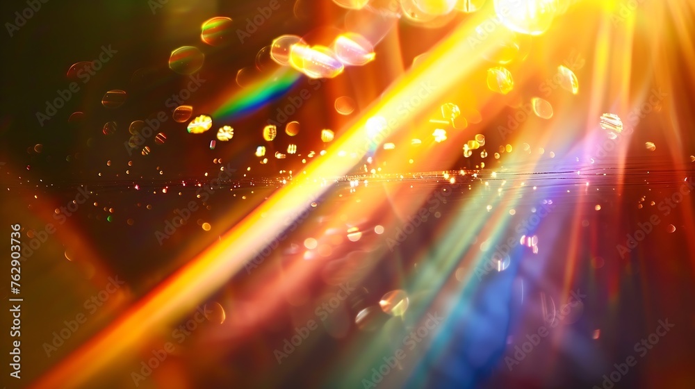 Poster rainbow light effect from sun flares on black background colorful glare and shine light rays on spar