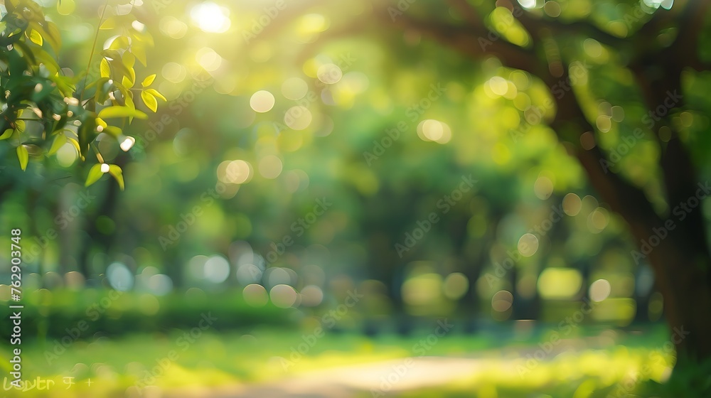 Poster blurred nature green tree in a park background natural trees and lawn with walkway in outdoor garden