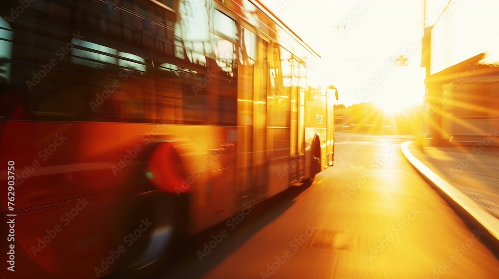 Poster bus driving moving at high motion blur effect speed on a road in the sunset : generative ai