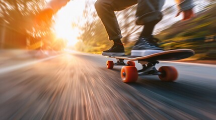 Skateboard fast and mountain with man in road for speed freedom and summer break Sports adventure...