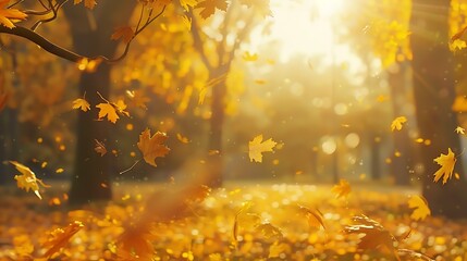 Beautiful autumn landscape with yellow trees and sun Colorful foliage in the park Falling leaves background : Generative AI - obrazy, fototapety, plakaty