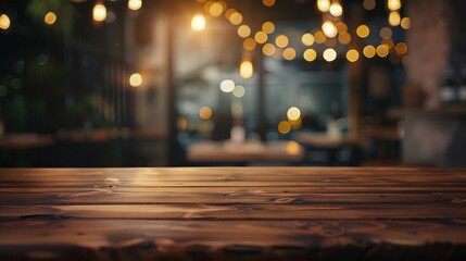 Wooden table and blur restaurant background : Generative AI