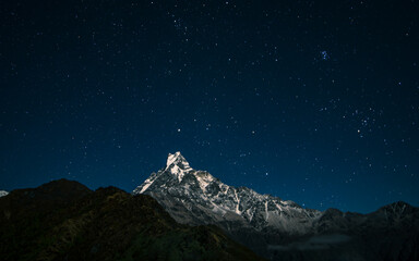 landscape night view of Mount Machhapuchhre range in Nepal. 