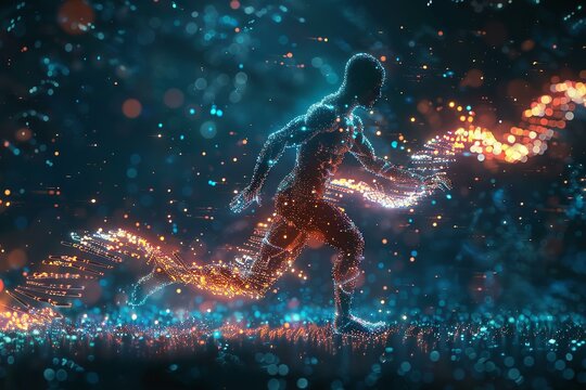 Genetic fitness profiling, DNA strands and athletic figure, biotech concept