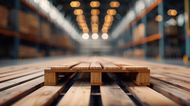 Empty wooden pallet on blurred warehouse background Flawless : Generative AI