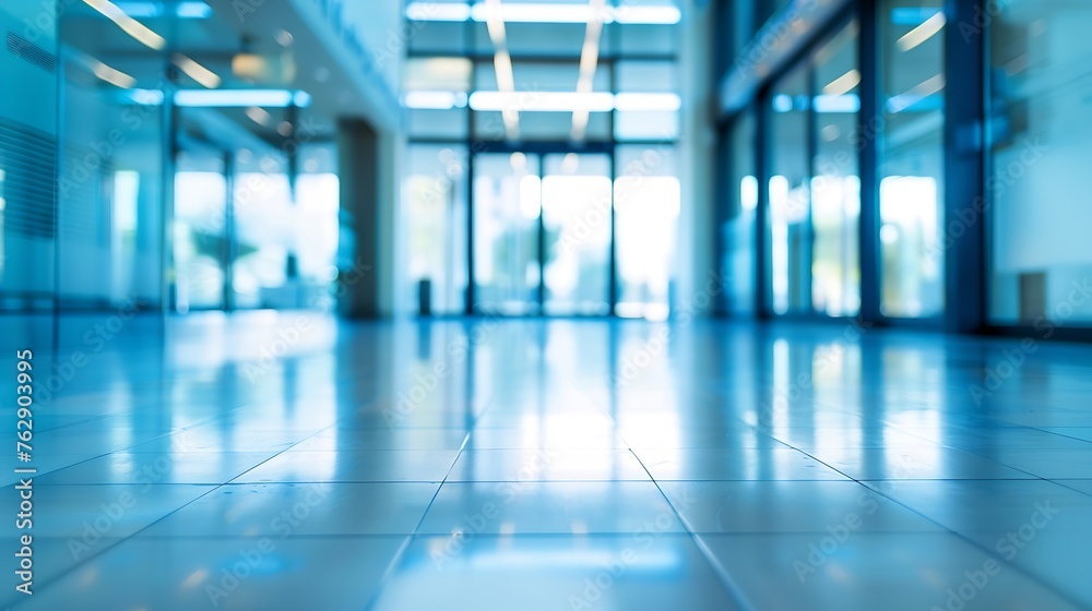 Poster blurred abstract background interior view looking out toward to empty office lobby and entrance door