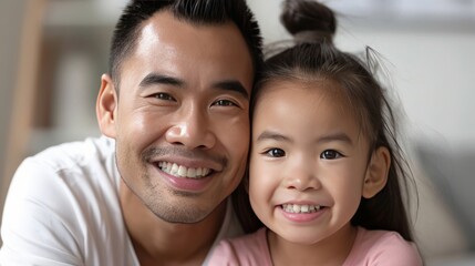 Asian Happy handsome dad and cheerful tween kid girl looking at camera with toothy smiles, posing for home headshot portrait. Positive father piggibacking cute daughter head shot