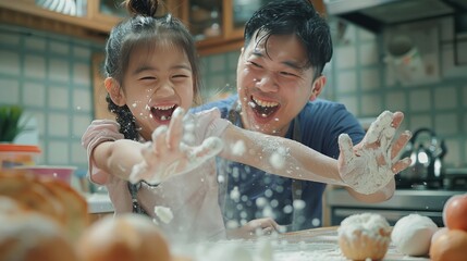 Asian Joyful preteen kid girl and happy dad having fun while baking in home kitchen, clapping floury hands, making white powder cloud over table with bakery ingredients, laughing