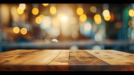 Empty wood table top on blur light gold bokeh of cafe restaurant : Generative AI