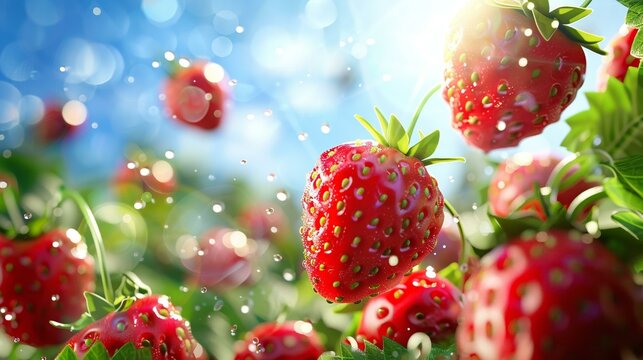 Fresh strawberries tumbling gently, sunny and clear skies