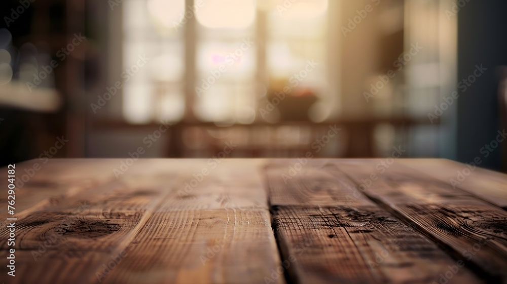 Poster the empty wooden brown table top with blur background of home room in winter exuberant image : gener