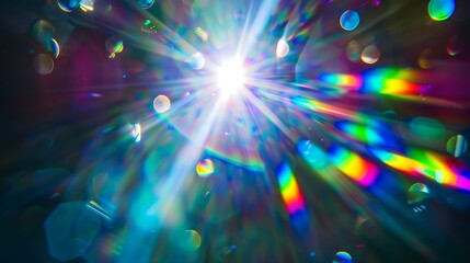 Blue light flare prism rainbow flares overlay effect on black background light crossing crystals prismatic sun catcher reflections rays Abstract blurred colourful lens flare bokeh on d : Generative AI