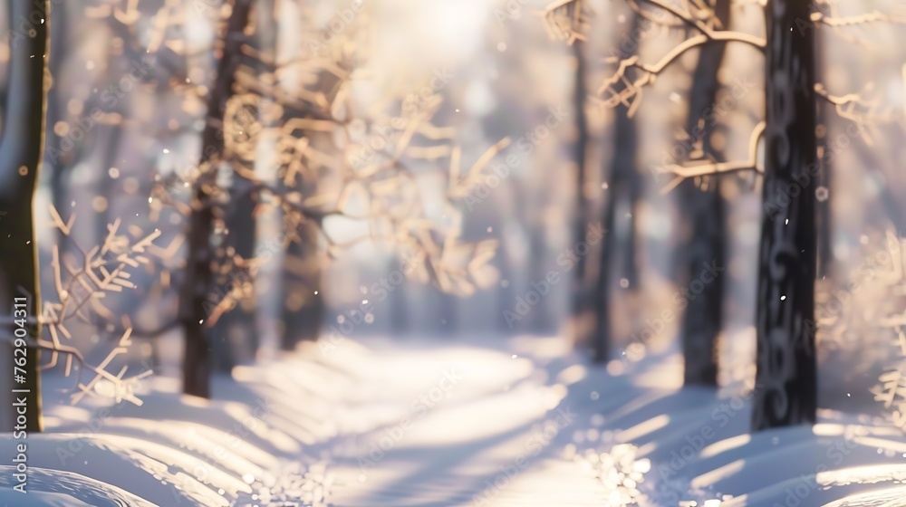 Poster Trees and pathway covered with snow in winter park blurred view : Generative AI