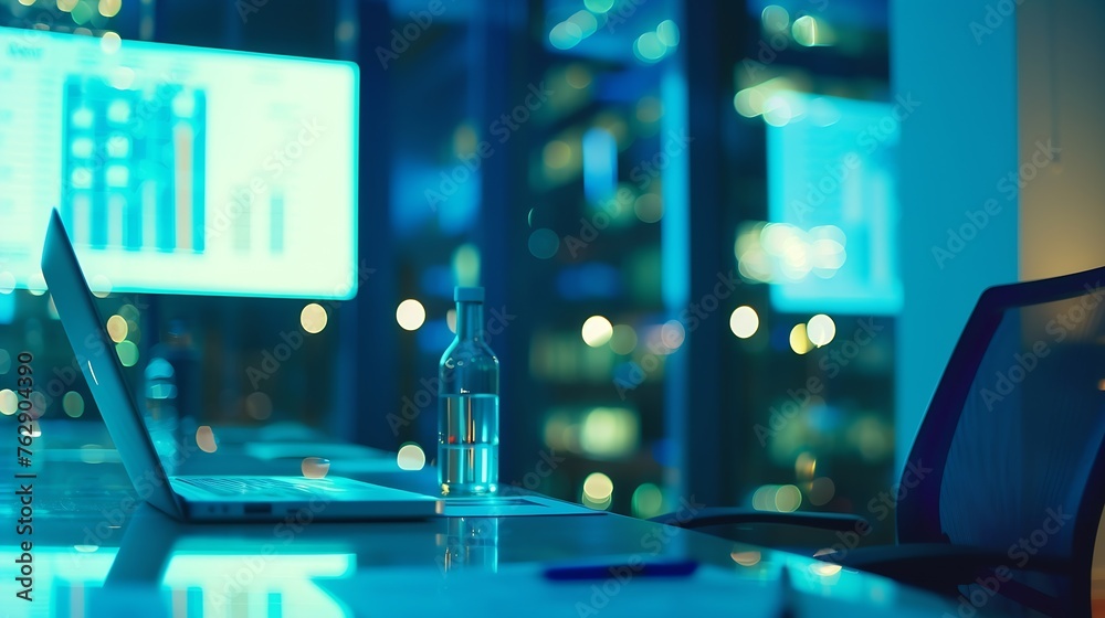 Aufkleber Blurred office background Modern Empty Meeting Room with Big Conference Table with Various Documents and Laptop on it Wall TV Showing Company Statistics Graphs Late Evening or Night Ci : Generative AI