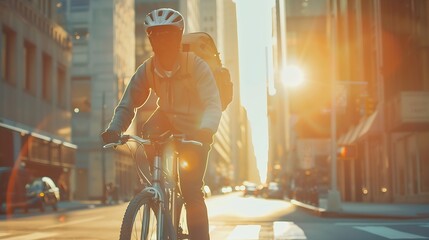Male bike messenger riding bicycle on city street : Generative AI