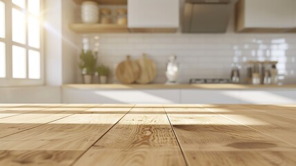 Empty Beautiful wood table  top and blur bokeh modern kitchen interior background in clean and bright Ready for product montage : Generative AI