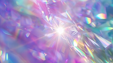Fototapeta premium A holographic rainbow unicorn pastel purple pink teal colors abstract background Optical crystal prism flare beams Light flares Christmas texture : Generative AI