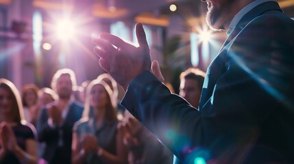 Inspired motivated business audience applauding coach after successful presentation thanking leader for meeting collaboration motivation giving positive feedback : Generative AI