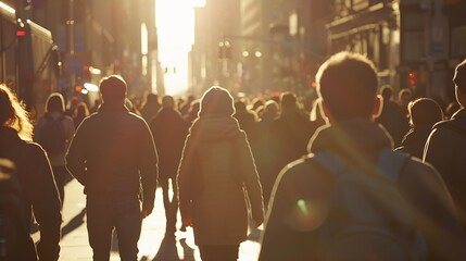 Crowd of anonymous people walking on sunny streets in the city : Generative AI