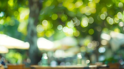 Abstract Blurred image of Outdoor Restaurant or Cafe with green bokeh for background usage : Generative AI - obrazy, fototapety, plakaty