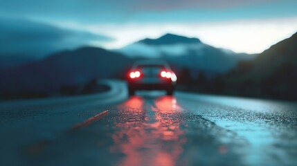 Blurred car on road in front of mountain : Generative AI