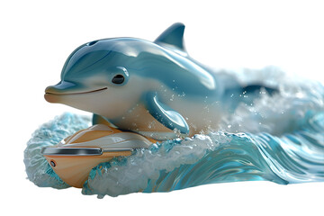 A 3D animated cartoon render of a joyful dolphin surfing waves on a jet ski.