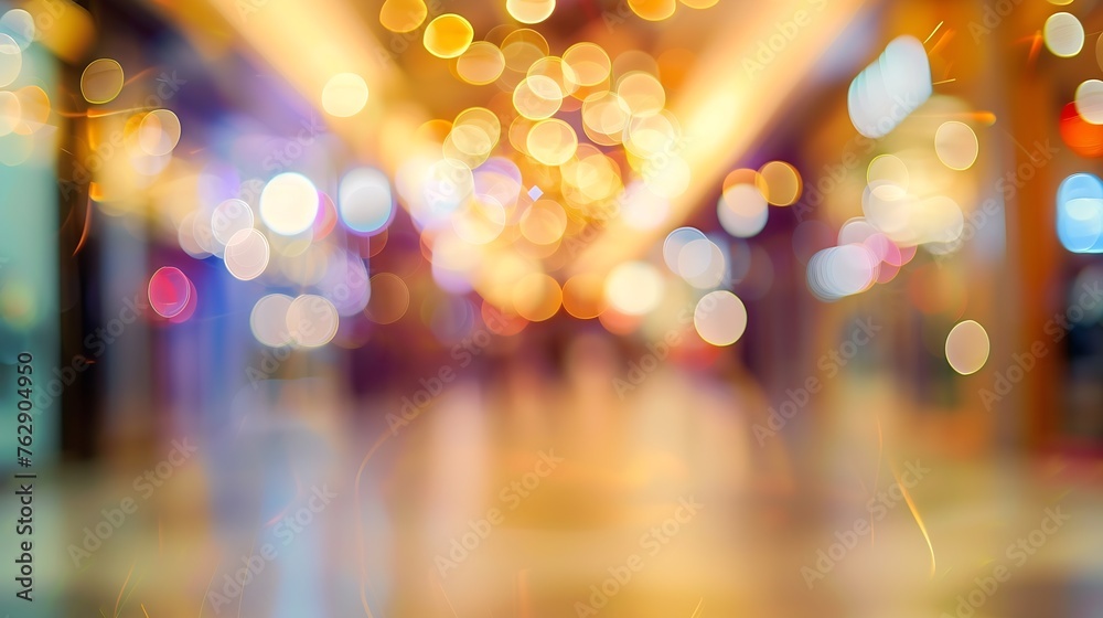 Poster abstract blur image background of shopping mall with light bokeh and flare light bulb : Generative AI